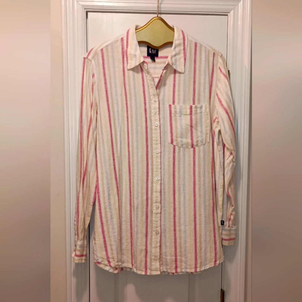 Gap Retro Linen Blend Striped button Down blouse Size Large